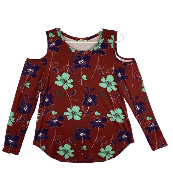 Women’s Cold Shoulder Long Sleeve Top Burgundy Size M - Picture 2 of 13